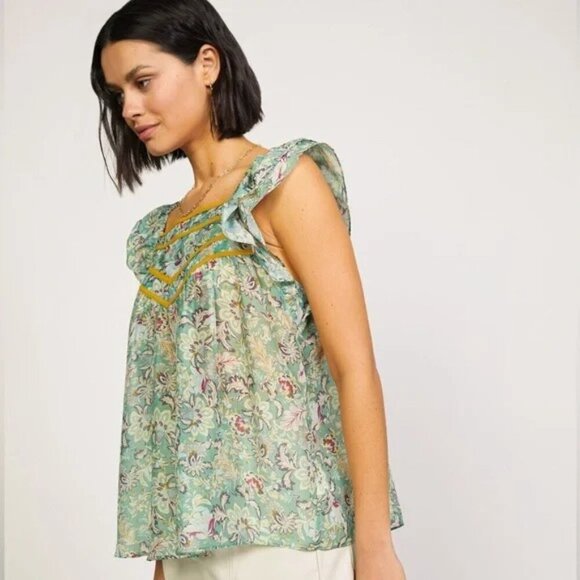 💕CURRENT AIR💕 Sleeveless Peasant Top ~ Green Botanical Print Medium M NWT - Picture 1 of 11